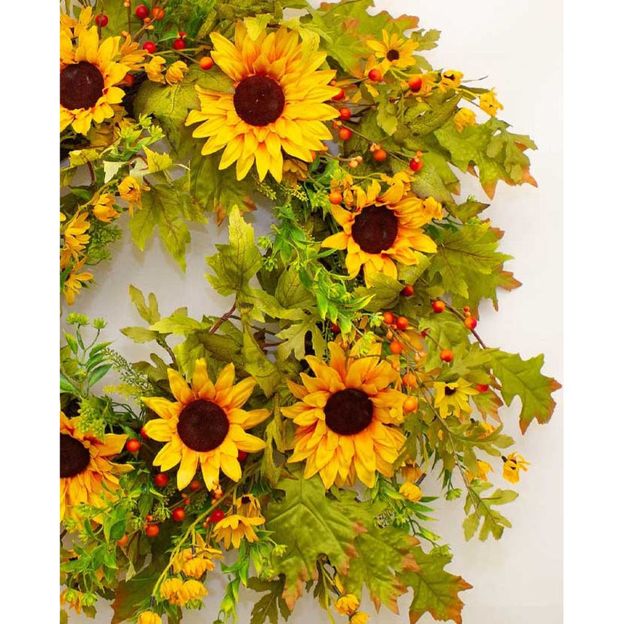 Őszi hangulatú, élethű megjelenésű, 65 cm átmérőjű, vidéki vintage stílusú, mesterséges mű napraforgó ajtókopogtató koszorú.