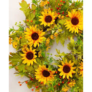 Őszi hangulatú, élethű megjelenésű, 65 cm átmérőjű, vidéki vintage stílusú, mesterséges mű napraforgó ajtókopogtató koszorú.