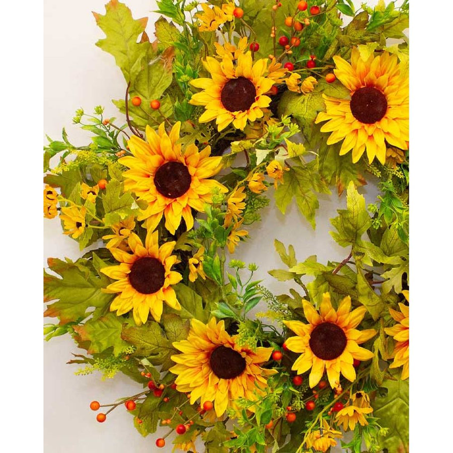 Őszi hangulatú, élethű megjelenésű, 65 cm átmérőjű, vidéki vintage stílusú, mesterséges mű napraforgó ajtókopogtató koszorú.