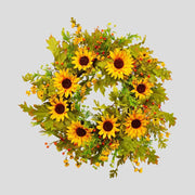 Őszi hangulatú, élethű megjelenésű, 65 cm átmérőjű, vidéki vintage stílusú, mesterséges mű napraforgó ajtókopogtató koszorú.