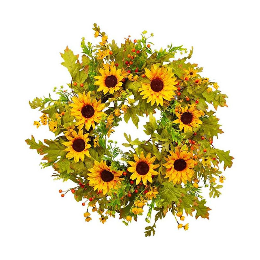 Őszi hangulatú, élethű megjelenésű, 65 cm átmérőjű, vidéki vintage stílusú, mesterséges mű napraforgó ajtókopogtató koszorú.