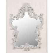 Prémium kategóriás, 128 cm magas, Shabby Chic stílusú, tört fehér színű, antikolt felületű, díszes indamintás kerettel díszített falitükör