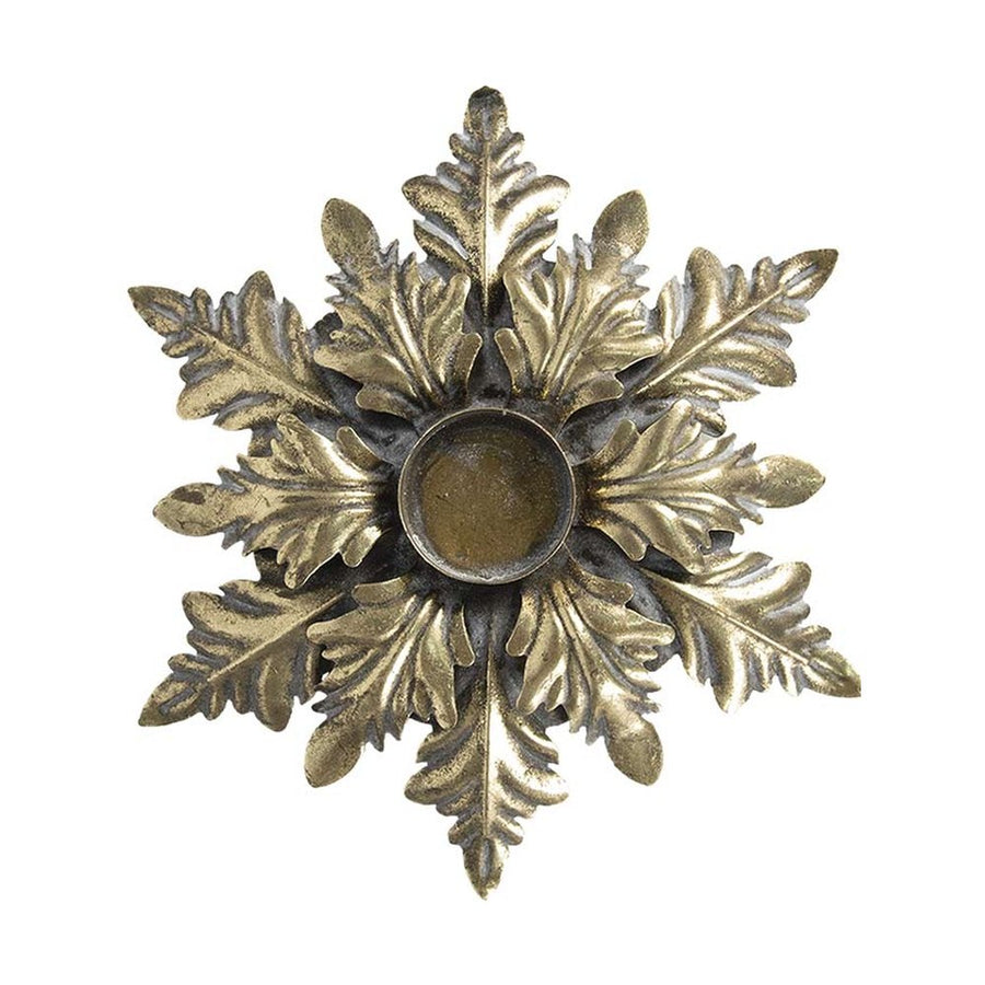 Barokkos megjelenésű, antikolt felületű, óarany színű, fém akantuszlevelekből készült kézműves gyertyatartó felülnézeti képe