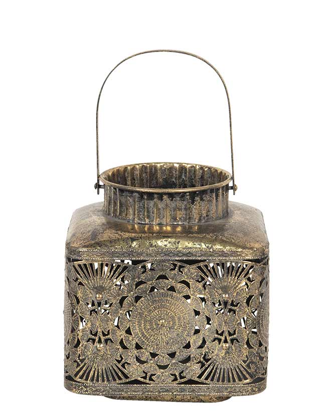 Oriental stílusú, óarany színű, patinás felületű, áttört mintás, függeszthető, belső üvegbúrás fém lámpás 