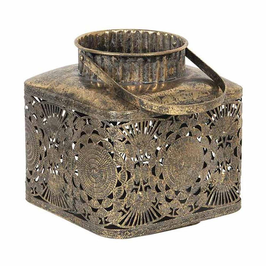 Oriental stílusú, óarany színű, patinás felületű, áttört mintás, függeszthető, belső üvegbúrás fém lámpás 