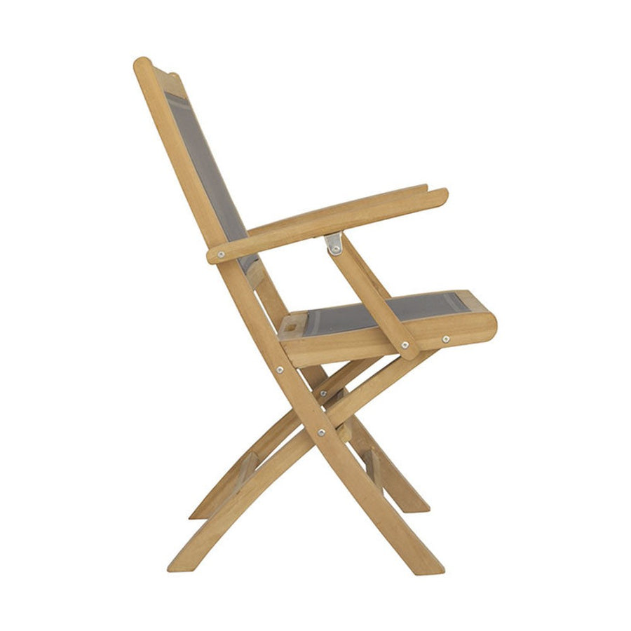 Prémium minőségű, mediterrán stílusú, összecsukható kézműves kerti teakfa karosszék szürke színű vízlepergető szövettel