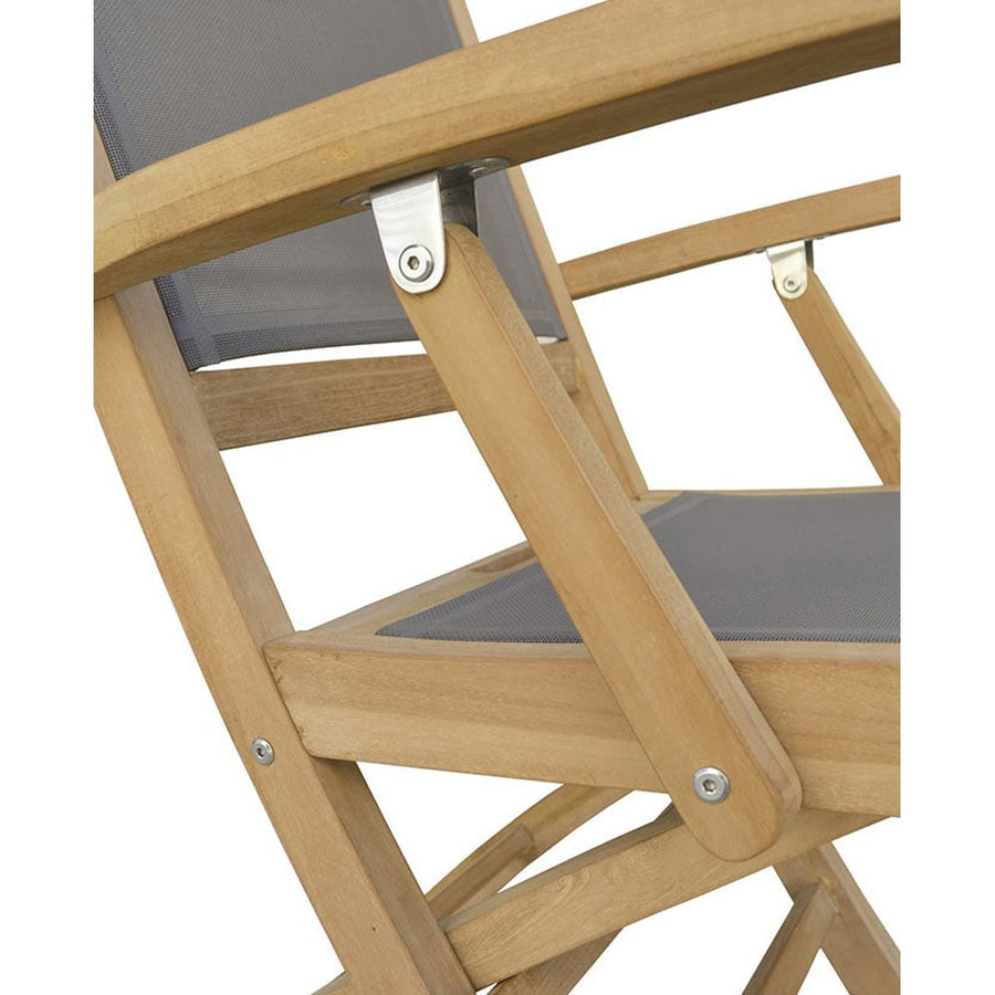 Prémium minőségű, mediterrán stílusú, összecsukható kézműves kerti teakfa karosszék szürke színű vízlepergető szövettel