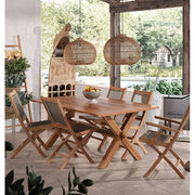 Prémium minőségű, mediterrán stílusú, összecsukható kézműves kerti teakfa szék szürke színű vízlepergető szövettel