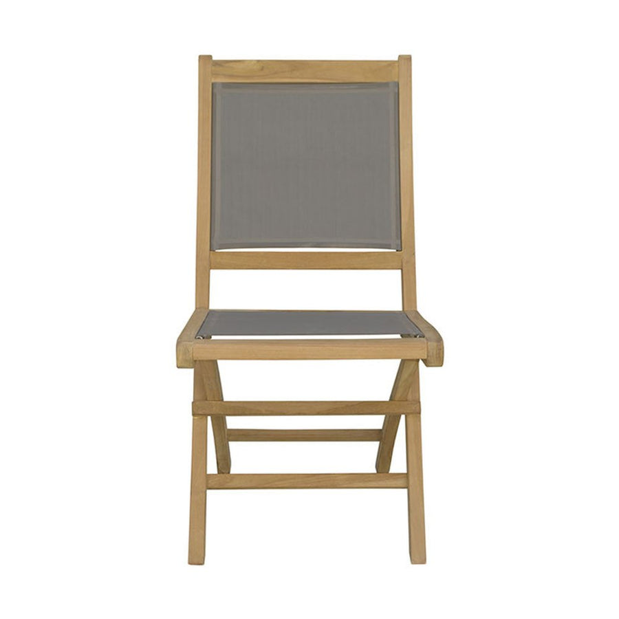 Prémium minőségű, mediterrán stílusú, összecsukható kézműves kerti teakfa szék szürke színű vízlepergető szövettel