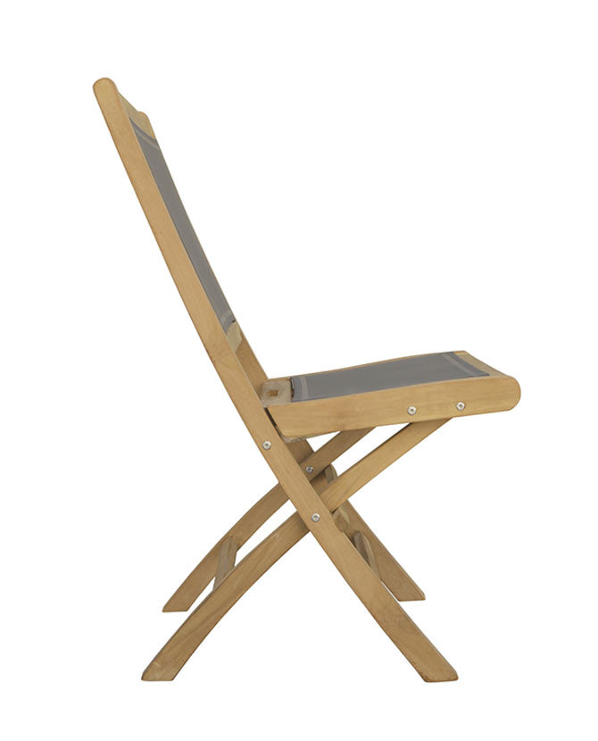 Prémium minőségű, mediterrán stílusú, összecsukható kézműves kerti teakfa szék szürke színű vízlepergető szövettel