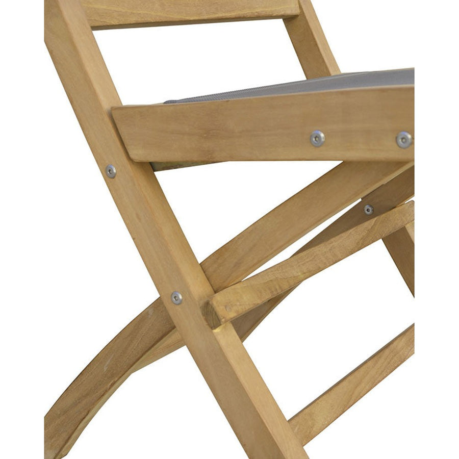 Prémium minőségű, mediterrán stílusú, összecsukható kézműves kerti teakfa szék szürke színű vízlepergető szövettel