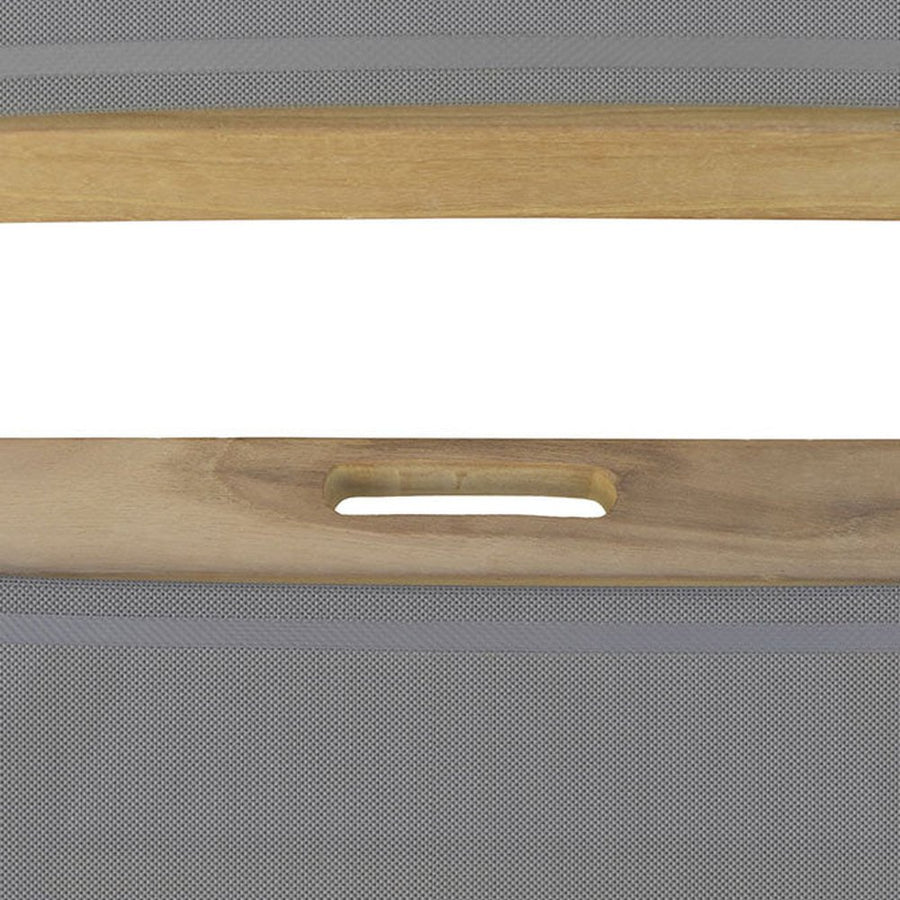 Prémium minőségű, mediterrán stílusú, összecsukható kézműves kerti teakfa szék szürke színű vízlepergető szövettel