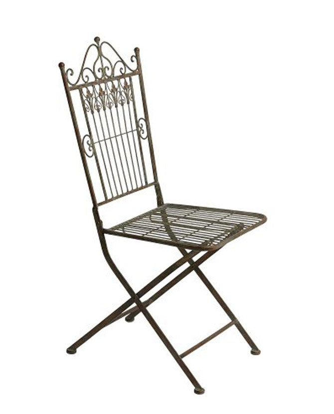 Vintage stílusú, antikolt patinás felületű, zöldes barna színű, összecsukható fém kerti szék