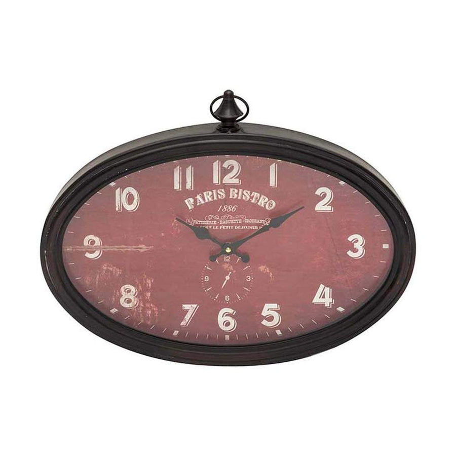 Vintage stílusú, ovális formájú 50 cm hosszú, antikolt barna színű, patinás fém felületű falióra "Paris Bistro" felirattal