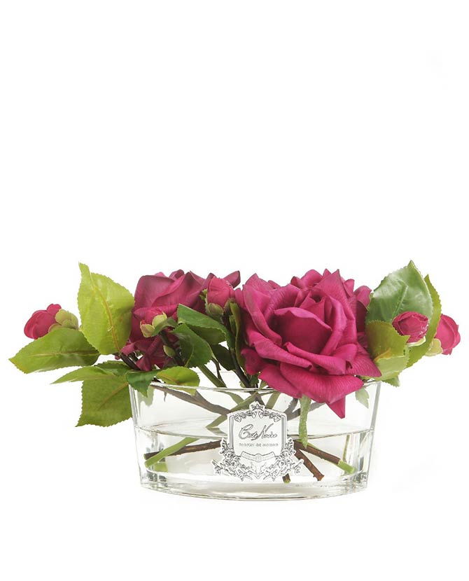 Prémium minőségű, kármin színű, bazsarózsa illatú parfümös rózsakompozíció díszdobozban