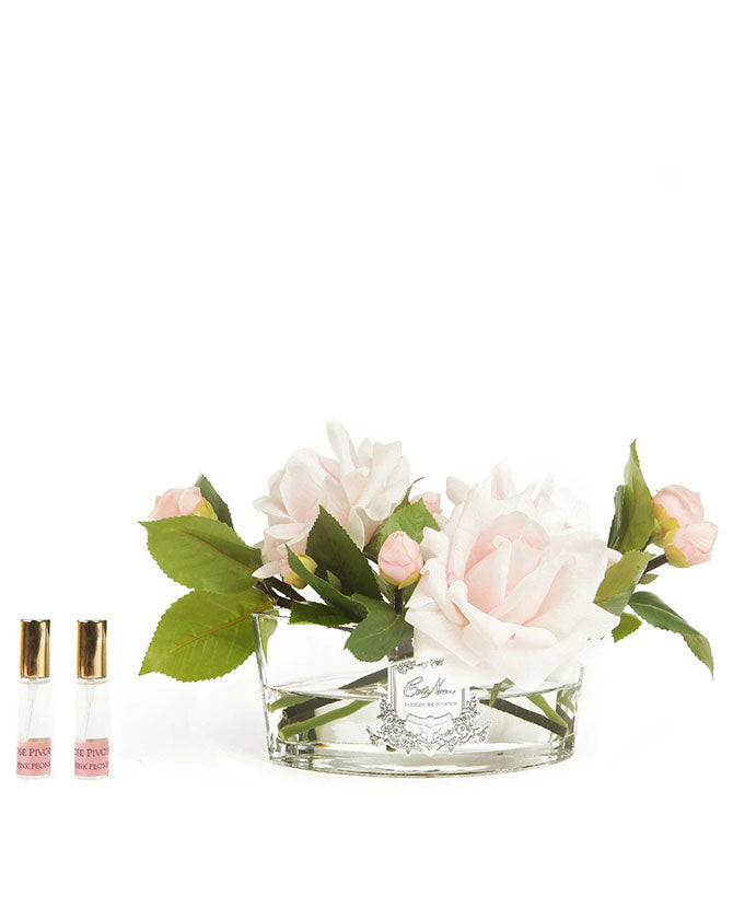 Prémium minőségű, rózsaszín színű, bazsarózsa illatú parfümös rózsakompozíció díszdobozban