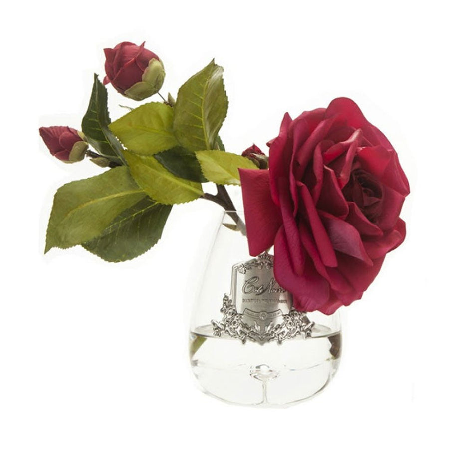 Lakás illatosító, kármin színű, bazsarózsa illatú parfümös tearózsa kompozíció üvegvázában