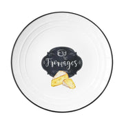 Fekete szegéjű, fehér színű porcelán desszerttányér sajt mintával és fromages felirattal