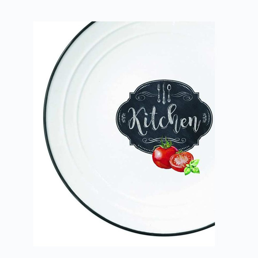 Fekete szegéjű, fehér színű porcelán desszerttányér paradicsom mintával és kitchen felirattal