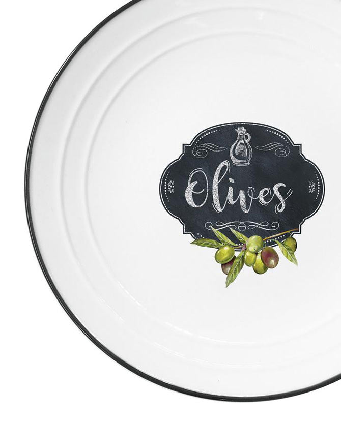 Fekete szegéjű, fehér színű porcelán desszerttányér olíva bogyó mintával és olives felirattal