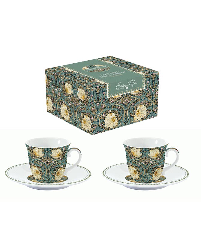William Morris által tervezett, növényi inda és virágmintákkal díszített, porcelán espresso csésze szett csészealjjal, hozzá tartozó díszdobozzal.