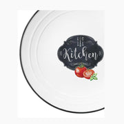 Fekete szegéjű, fehér színű porcelán lapostányér paradicsom mintával, kitchen felirattal