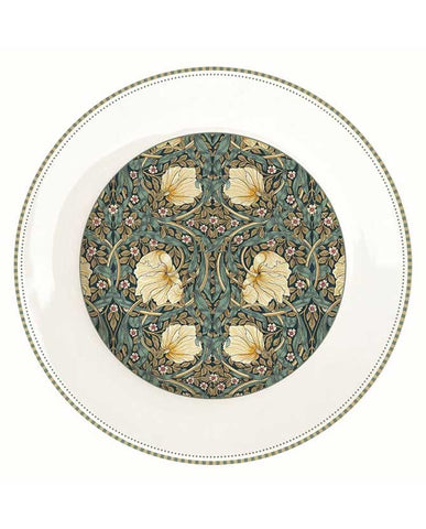 William Morris által tervezett, növényi inda és virágmintákkal díszített, porcelán lapostányér