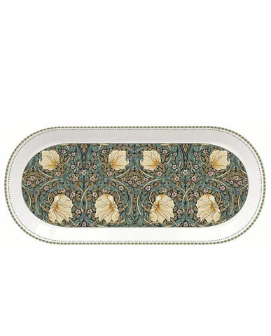 William Morris által tervezett, növényi inda és virágmintákkal díszített, ovális formájú porcelántálca díszdobozban.
