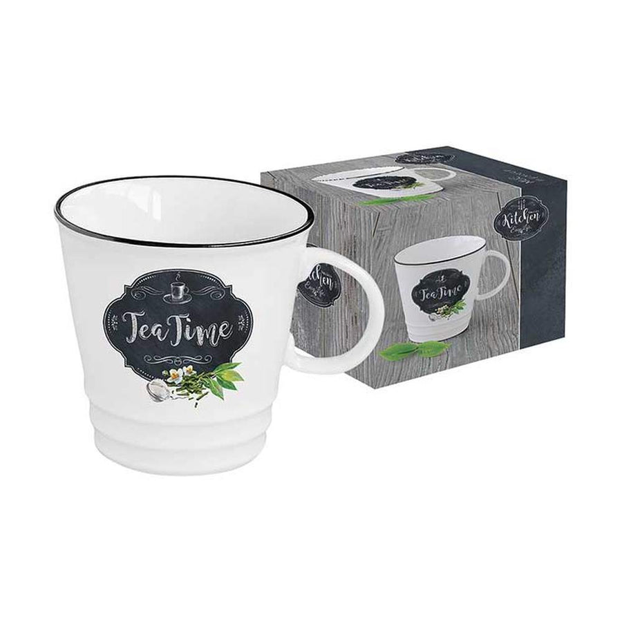 Fekete szegéjű, fehér porcelán teás bögre, fekete alapon fehér tea time felirattal a hozzá tartozó díszdobozzal