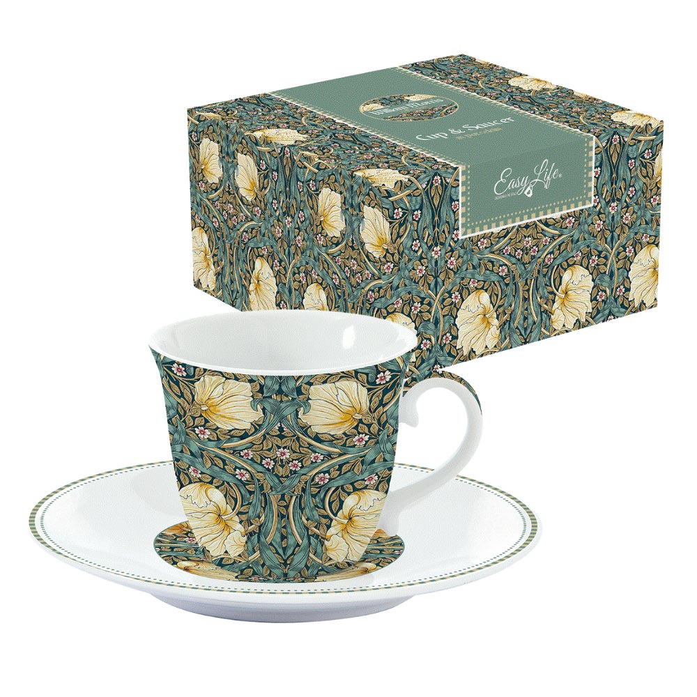 William Morris által tervezett, növényi inda és virágmintákkal díszített porcelán teáscsésze csészealjjal díszdobozba csomagolva.