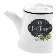 Fehér színű porcelán teáskanna fekete alapon fehér színű tea time felirattal