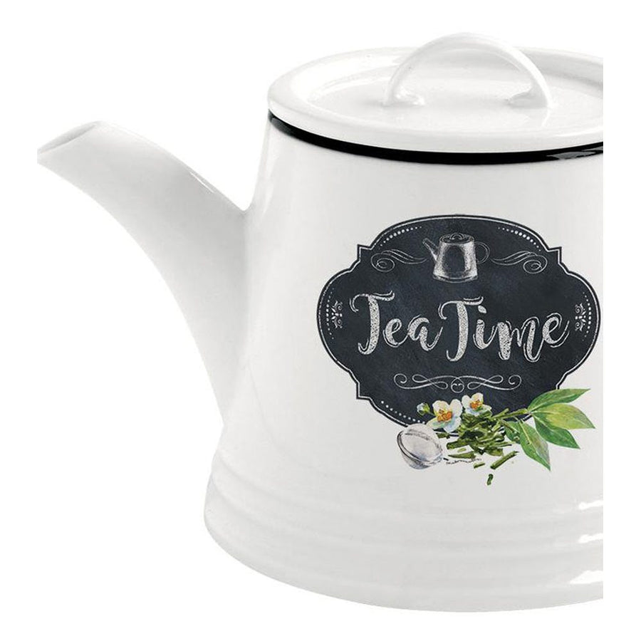 Fehér színű porcelán teáskanna fekete alapon fehér színű tea time felirattal