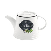 Fehér színű porcelán teáskanna fekete alapon fehér színű tea time felirattal