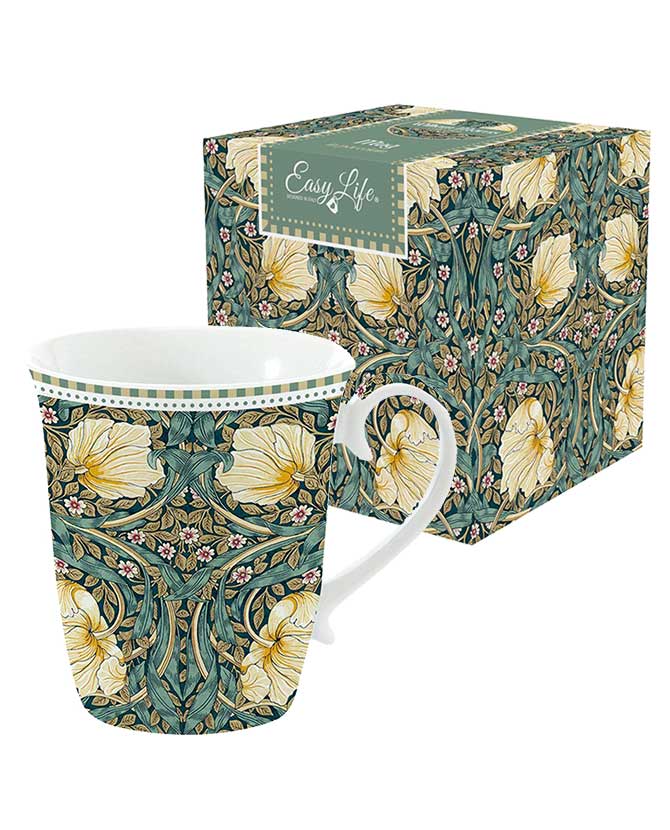 William Morris által tervezett növényi indákkal és virágokkal díszített porcelán bögre., díszdobozzal.