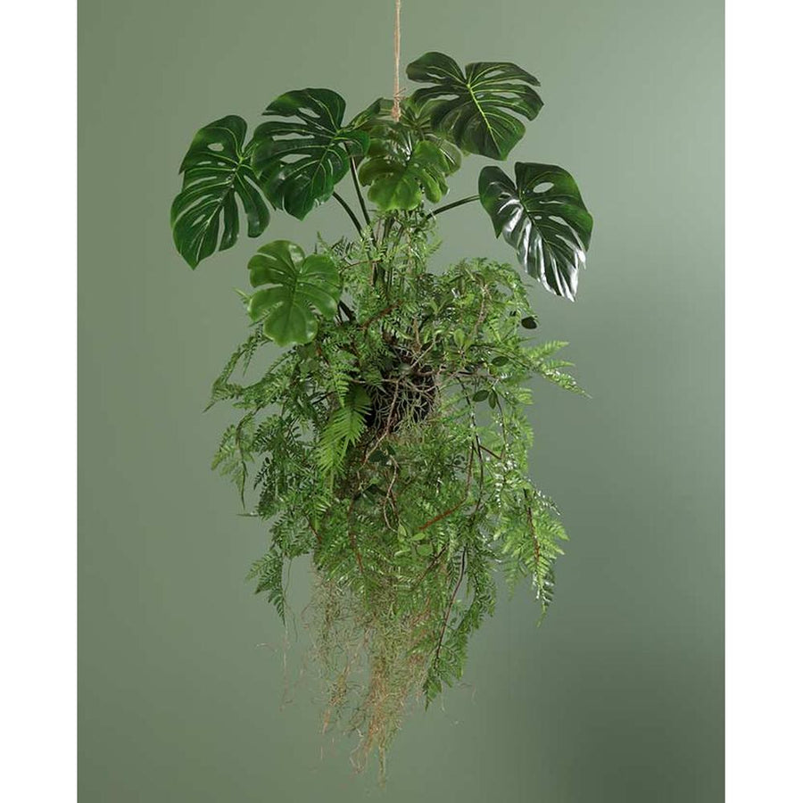 Exkluzív megjelenésű, prémium minőségű, élethű "Real Touch" hatású, függeszthető, 60 cm magas mesterséges mű páfránygolyó filodendronnal mohás földlabdában
