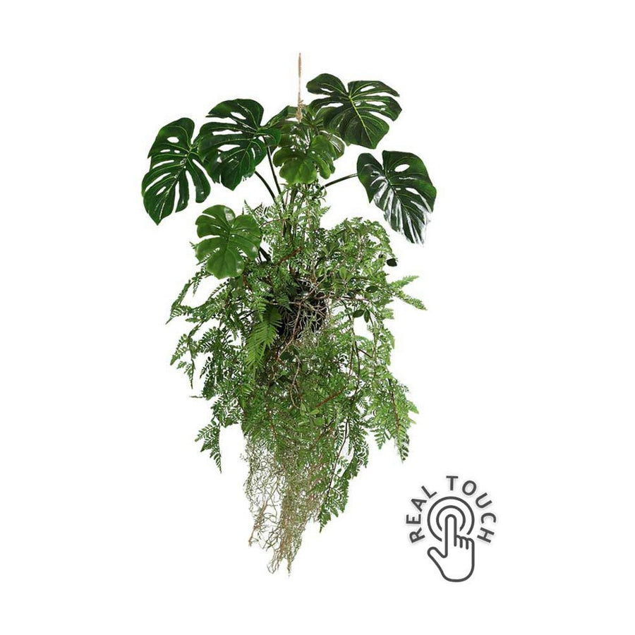 Exkluzív megjelenésű, prémium minőségű, élethű "Real Touch" hatású, függeszthető, 60 cm magas mesterséges mű páfránygolyó filodendronnal mohás földlabdában