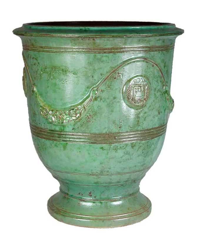 Prémium minőségű, patinás antikolt felületű, smaragdzöld színű kézműves Anduze kerámia kaspó