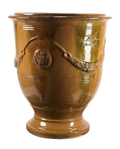 Prémium minőségű, tradicionális tüzes okker színű mázas, kézműves Anduze kerámia kaspó a "Vase d'Anduze" kollekcióból