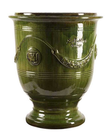 Prémium minőségű, tradicionális zöld színű mázas, kézműves Anduze kerámia kaspó a "Vase d'Anduze" kollekcióból