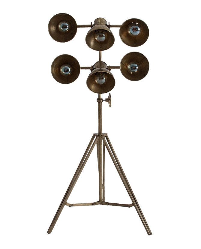 Ipari stílusú, 3 lábú, állítható magasságú, 6 lámpás antikolt bronz színű állólámpa
