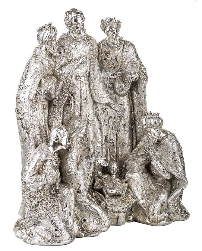 Prémium kategória, exkluzív megjelelésű, 40,5 cm magas, ezüst színű karácsonyi betlehem oldalnézeti képe