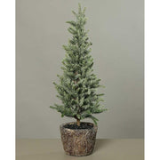 Prémium minőségű, 60 cm magas, deres hatású mesterséges dekorációs műfenyőfa, fatörzs hatású kerámia kaspóban szürke háttér előtt 