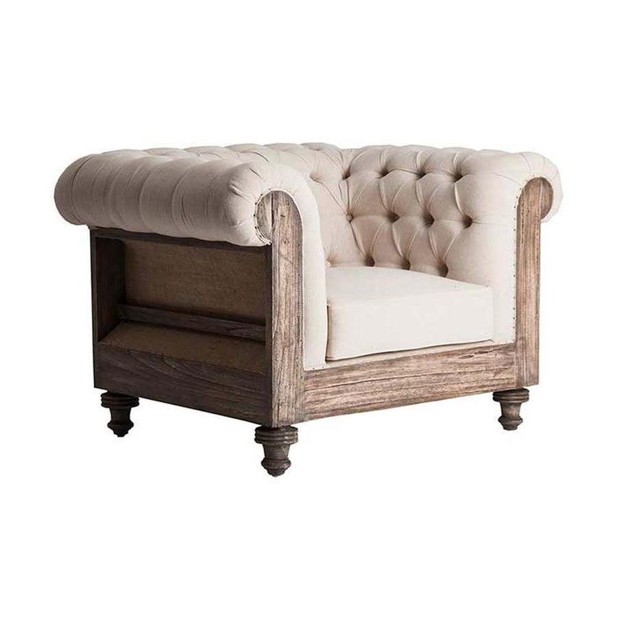 Prémium kategóriás, gyarmati stílusú, újrahasznosított trópusi fából készült, tört fehér színű szövettel kárpitozott fotel