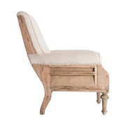 Prémium kategóriás, gyarmati stílusú, újrahasznosított trópusi fából készült, ekrü színű szövettel kárpitozott fotel oldalnézeti képe