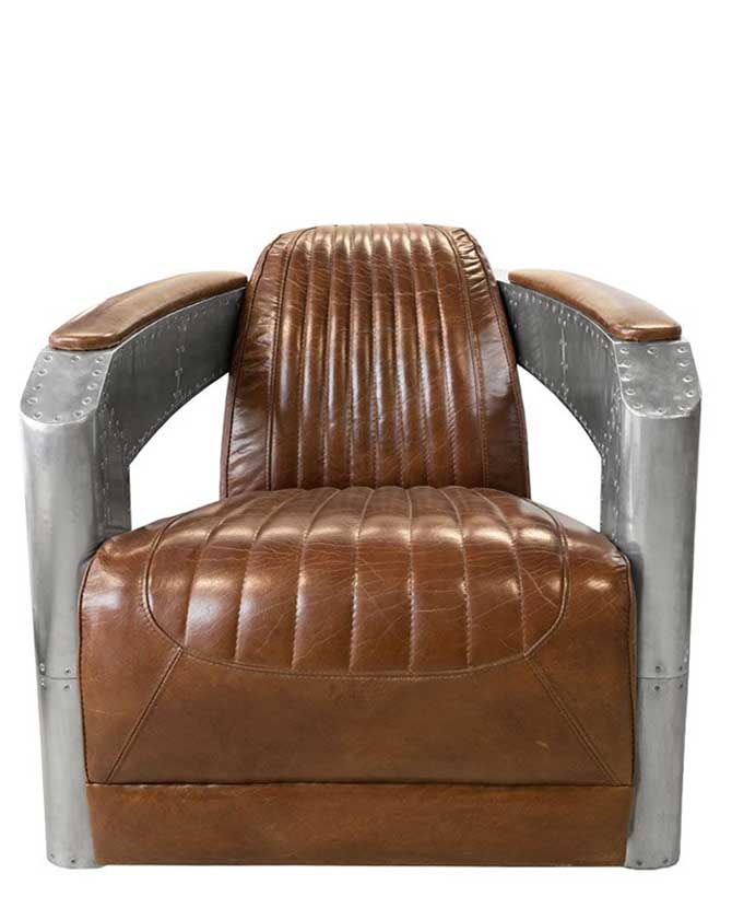 Prémium kategóriás, kortárs, retro stílusú, vinatage barna színű, valódi marhabőrrel kárpitozott, "Sportster" fotel az "Aviator" kollekcióból