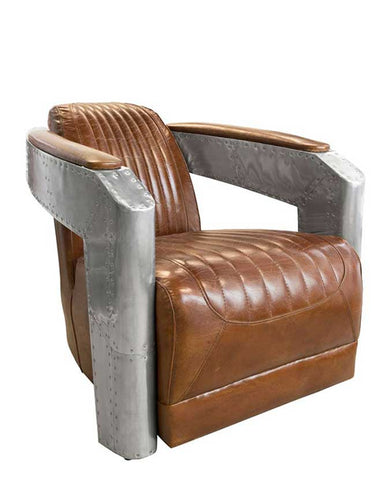 Prémium kategóriás, kortárs, retro stílusú, vinatage barna színű, valódi marhabőrrel kárpitozott, "Sportster" fotel az "Aviator" kollekcióból