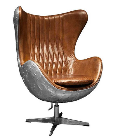 Arne Jacobsen "Egg Chair" fotelje inspirálta kortárs stílusú, whiskey-barna bőrrel kárpitozott, tojásfotel alumínium burkolattal.