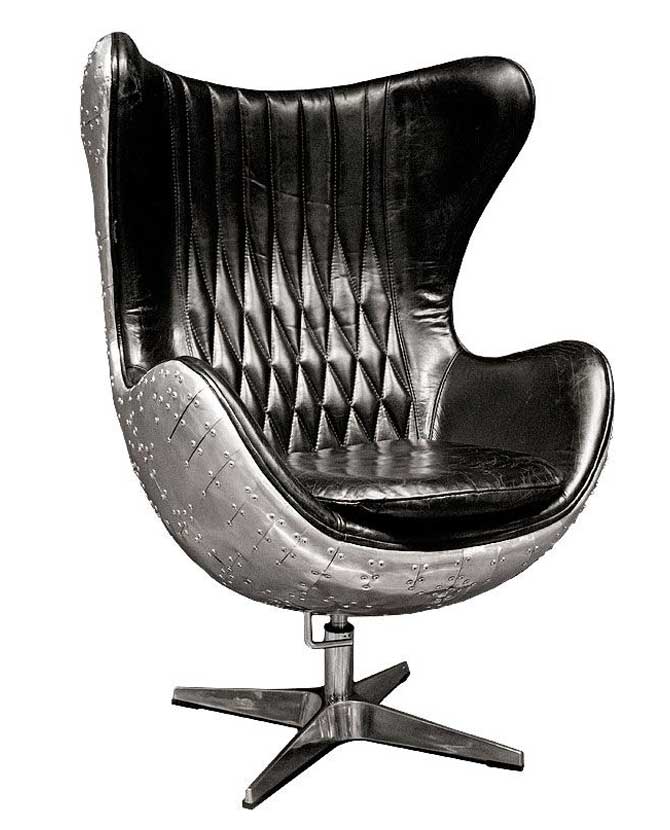 Arne Jacobsen "Egg Chair" fotelje inspirálta kortárs stílusú, fekete bőrrel kárpitozott, tojásfotel alumínium burkolattal.