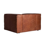 Kortárs loft stílusú, vintage dohány színű bőrfotel hátulja.