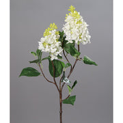 89 cm magas, élethű, krém színű, virágzó orgona ág üde zöld levelekkel